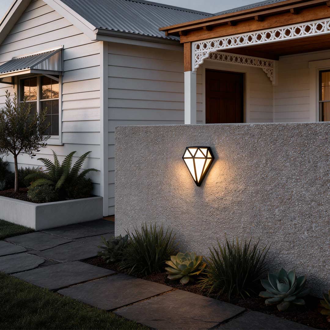 Modern LED Outdoor Wall Sconce Diamond Shape Aluminum Acrylic IP54 18W 3200K Black 13 Inch