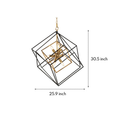 Square Geometric Pendant Light Industrial Black Gold Dual-Color Iron Frame E12 4-Light Dining Room Entryway 26 Inch