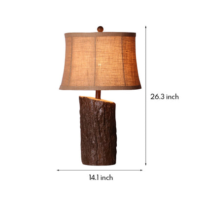 Rustic Faux Wood Table Lamp Dark Brown Bark Texture Beige Fabric Shade E26 Vintage Lodge Bedside 26.38 Inch