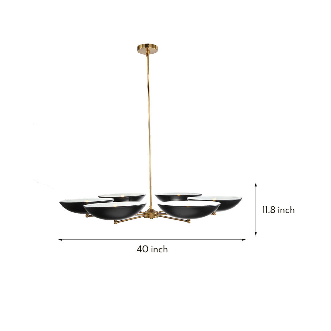 Black and Gold Six-Arm Disc Chandelier with Matte Black Shades and Brushed Gold Frame
