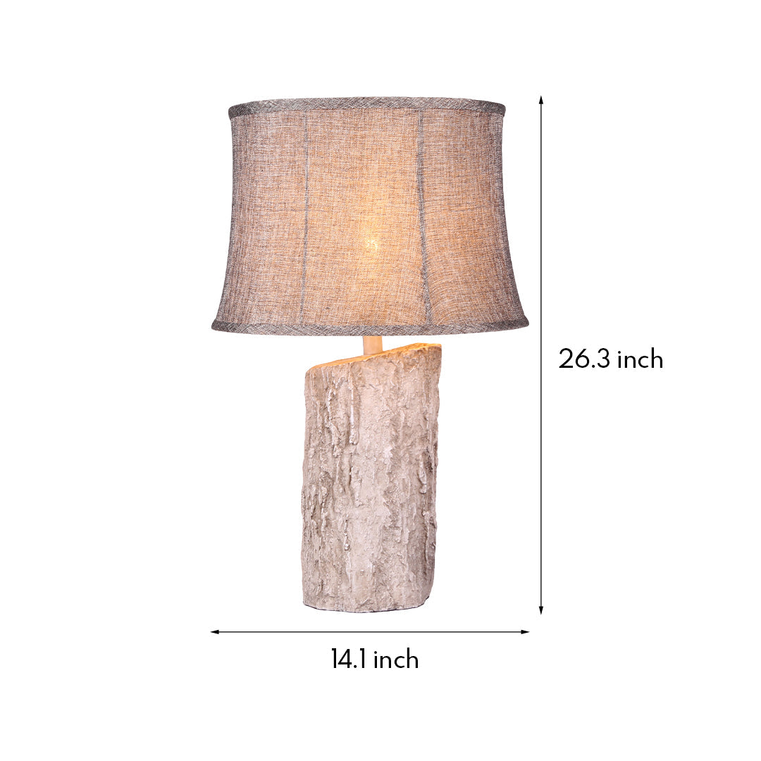 Rustic Table Lamp Bark Texture Resin Base Beige Fabric Shade E26 Bedside Living Room White 26.38 Inch