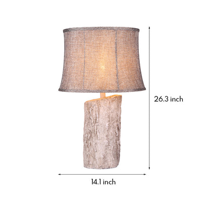 Rustic Table Lamp Bark Texture Resin Base Beige Fabric Shade E26 Bedside Living Room White 26.38 Inch