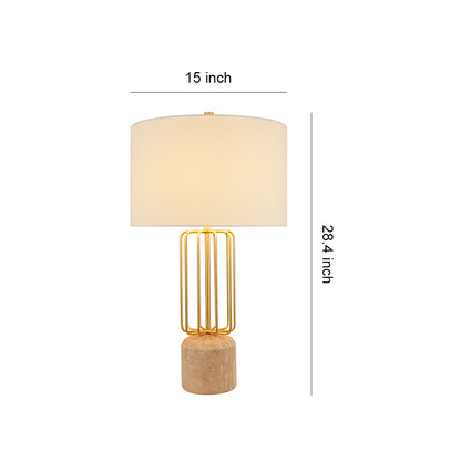 Modern Table Lamp Natural Limestone Base Geometric Brass Metal Cage White Fabric Shade E26 Nordic 28.35 Inch
