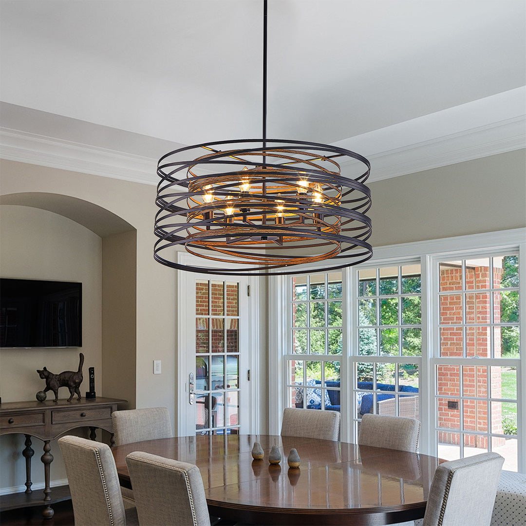 Black Drum Pendant Light Stacked Iron Rings Walnut Accent E12 American Retro 3 Sizes Dining Bar