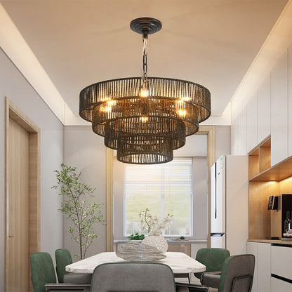 Wabi-Sabi Chandelier Hand-Wrapped Jute Rope Iron Frame Japandi Dining Room Living Room