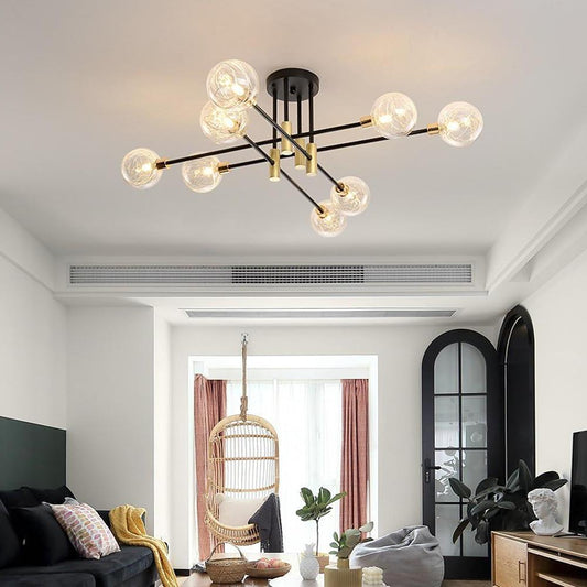 Electroplated 8-Branch Glass Shade Semi-Flush Mount Ceiling Light — Modern Nordic Black Metal G9 LED
