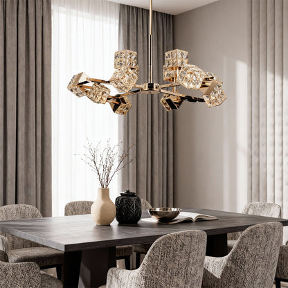 Crystal Chandelier Carbon Steel Champagne Gold Modern Cube Geometric LED Tri-Color Radial Arm Multi-Head