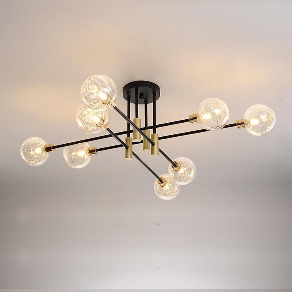 Electroplated 8-Branch Glass Shade Semi-Flush Mount Ceiling Light — Modern Nordic Black Metal G9 LED