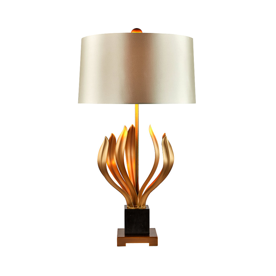 Vintage Table Lamp Gold Carved Metal Body Champagne Fabric Shade E26 European Classical Bedside 30.55 Inch