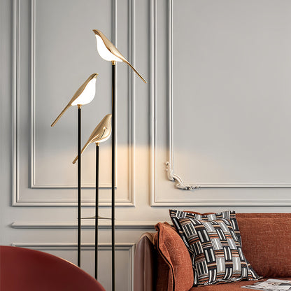 Decorative Floor Lamp 3 Heads Magpie Bird LED Gold Zinc Alloy Acrylic Optical Tube Nordic Artistic 4000K Foot Switch 60 Inch