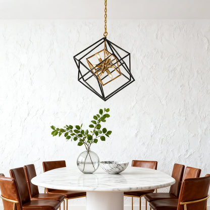 Square Geometric Pendant Light Industrial Black Gold Dual-Color Iron Frame E12 4-Light Dining Room Entryway 26 Inch