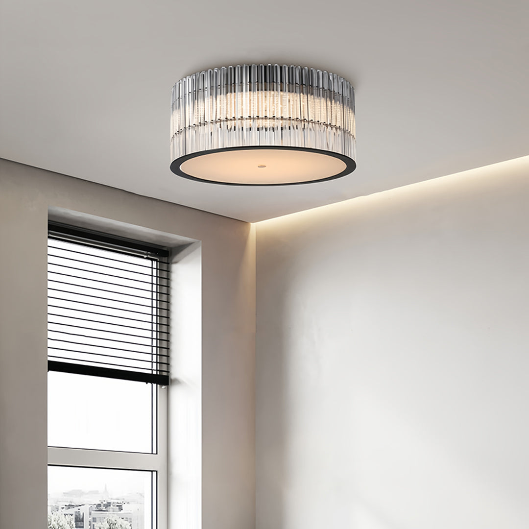 Round Drum Crystal Prism Rod Flush Mount in Black Metal and Transparent Glass with Warm White Integrated LED