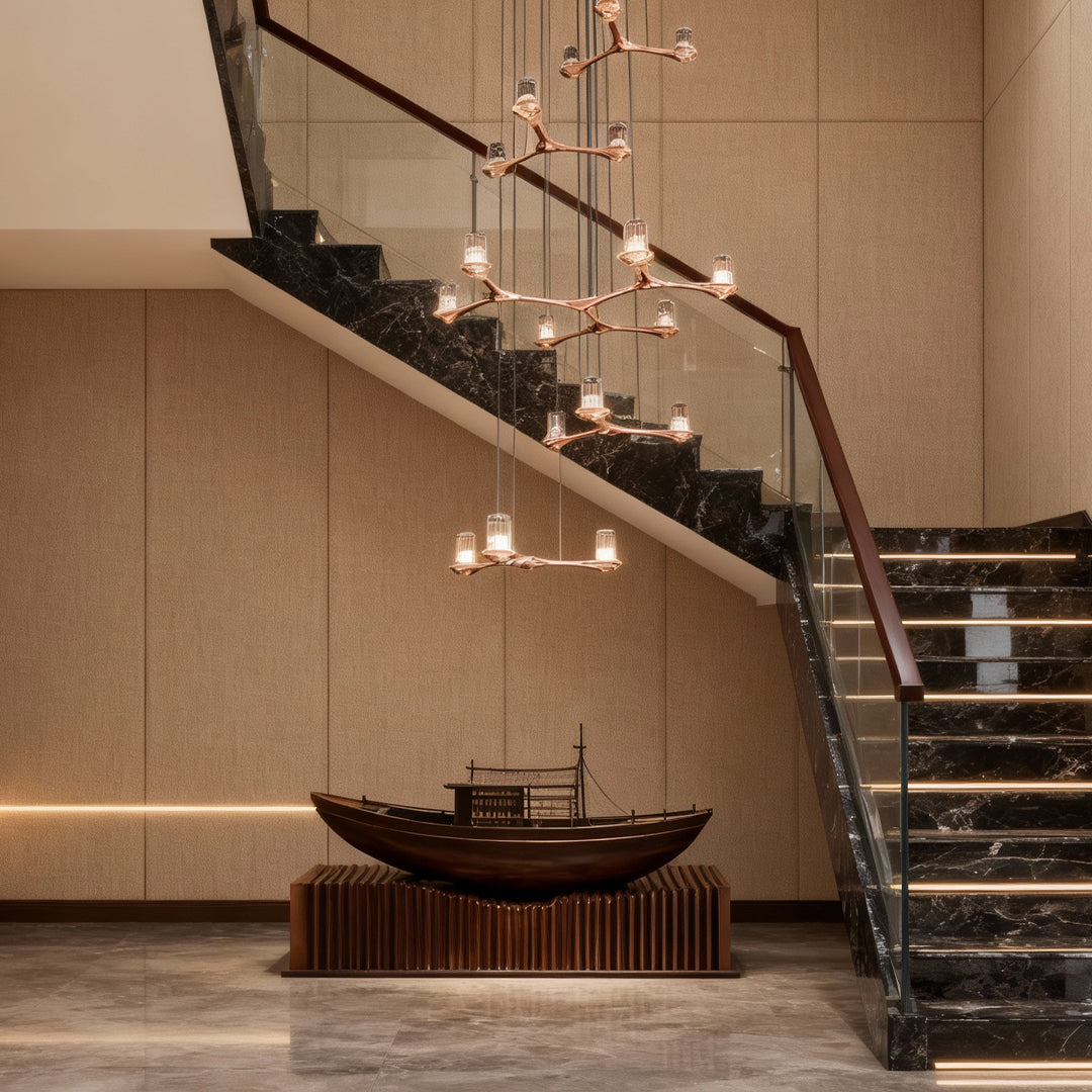 Staircase Chandelier Copper Crystal 18-Head 3D Geometric Matrix Integrated LED Terracotta Gold Nordic 3-Step Colour Temperature