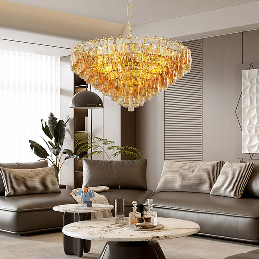 Grand-Scale Iron Frame Chandelier with Cascading Glass Drops