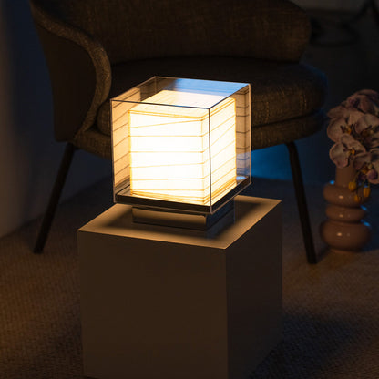 Japanese Cotton Paper Table Lamp Wabi-Sabi Zen Chrome Frame Acrylic Diffuser Warm LED 5W 9.65 Inch