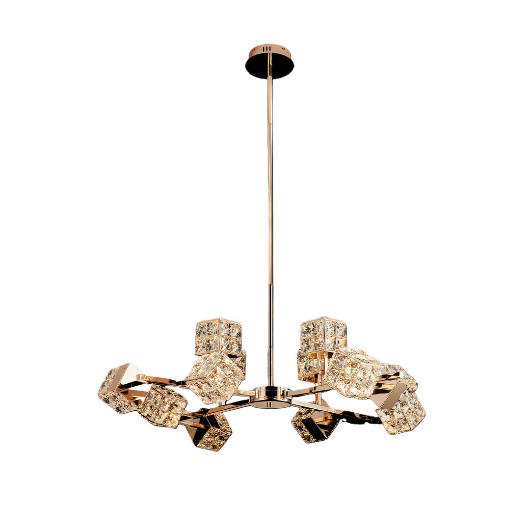 Crystal Chandelier Carbon Steel Champagne Gold Modern Cube Geometric LED Tri-Color Radial Arm Multi-Head