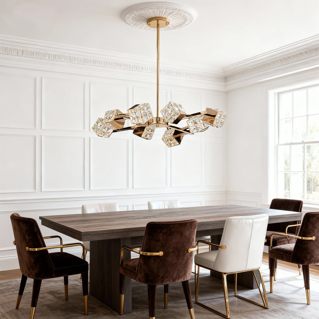 Crystal Chandelier Carbon Steel Champagne Gold Modern Cube Geometric LED Tri-Color Radial Arm Multi-Head