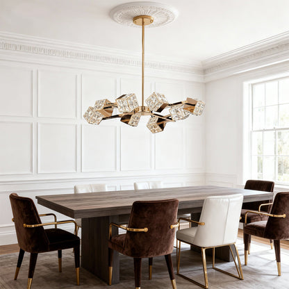 Crystal Chandelier Carbon Steel Champagne Gold Modern Cube Geometric LED Tri-Color Radial Arm Multi-Head