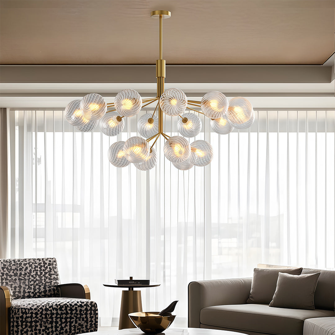 Copper Frame Glass Sphere Chandelier with Staggered Multi-Head Arrangement