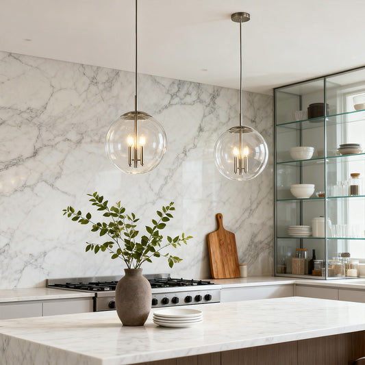 Glass Orb Pendant Light Modern Transparent Clear Globe Silver Nickel E12 3-Light Kitchen Island Dining Room 17 Inch