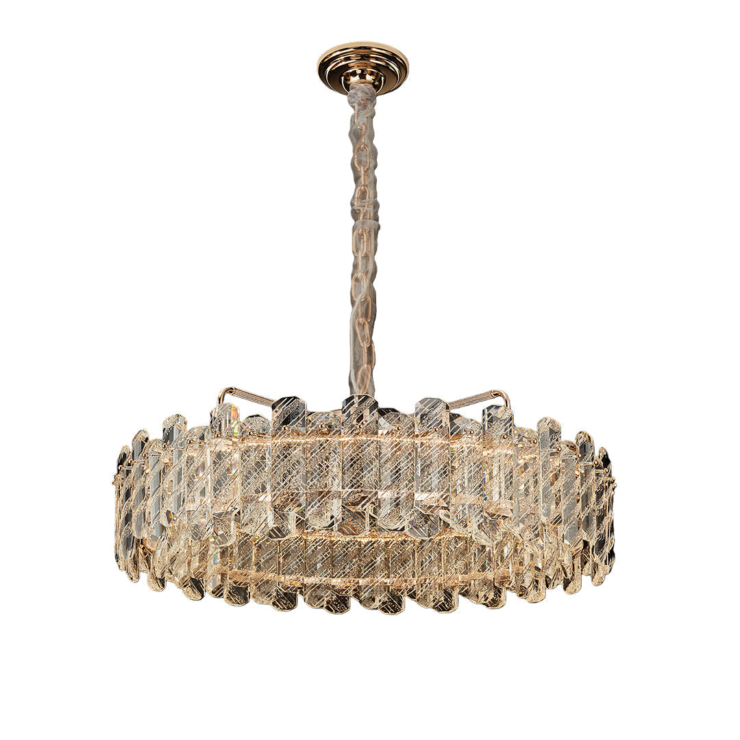Nordic Chandelier Carbon Steel Champagne Gold Dual-Color LED Crystal Drum Single Double Layer Long Hanging Luxury