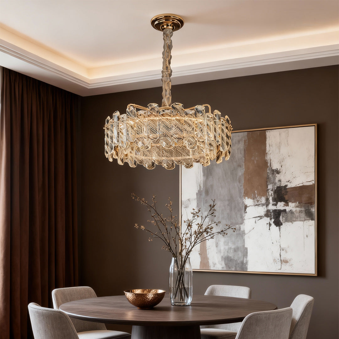Nordic Chandelier Carbon Steel Champagne Gold Dual-Color LED Crystal Drum Single Double Layer Long Hanging Luxury