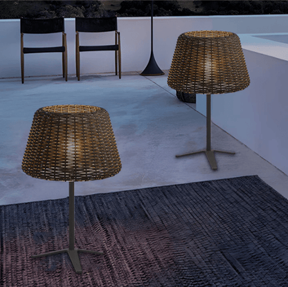 Handwoven Rattan Dome LED Outdoor Floor Lamp IP65 Stainless Steel 3000K 4 Heights