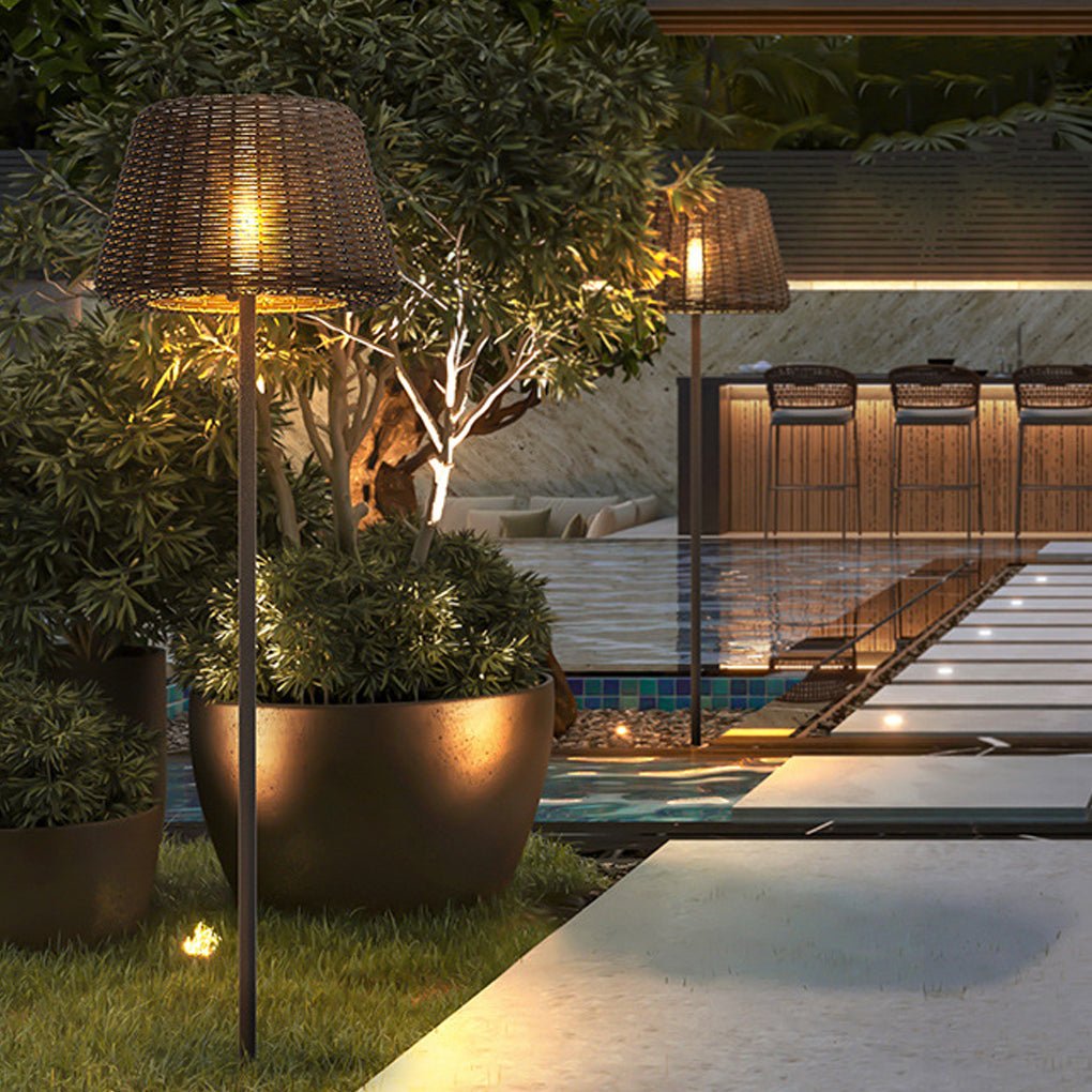 Handwoven Rattan Dome LED Outdoor Floor Lamp IP65 Stainless Steel 3000K 4 Heights