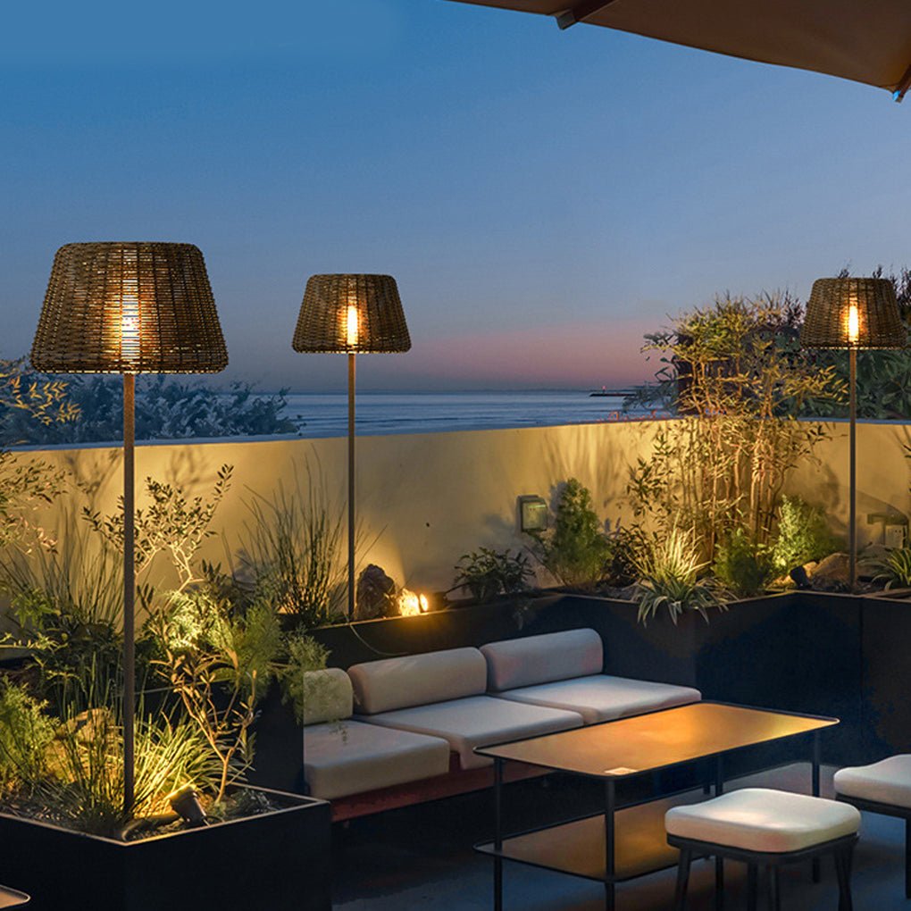 Handwoven Rattan Dome LED Outdoor Floor Lamp IP65 4-Style Multi-Mount 3000K