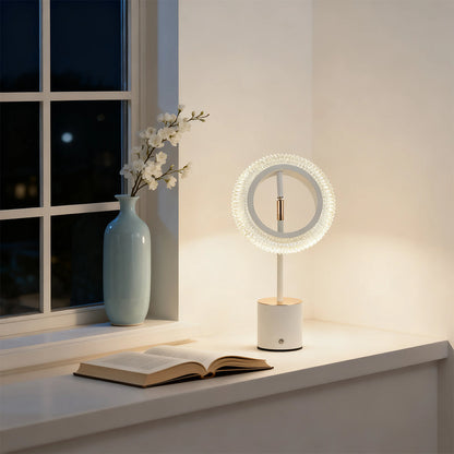 Circular Ring LED Table Lamp Iron Base Gold Accent Crystal Acrylic Shade USB Rechargeable Touch Dimmable Black White 11.42 Inch