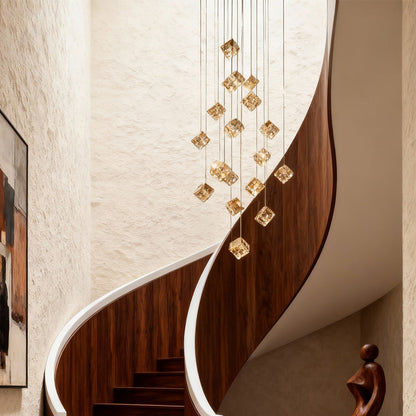 Staircase Chandelier Carbon Steel Crystal Integrated LED 15-Head / 27-Head Champagne Gold Magic Cube 3-Step Modern Nordic