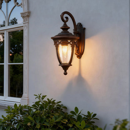 European Ornate Outdoor Wall Lantern Black Aluminum Glass E26 IP44 Hardwired