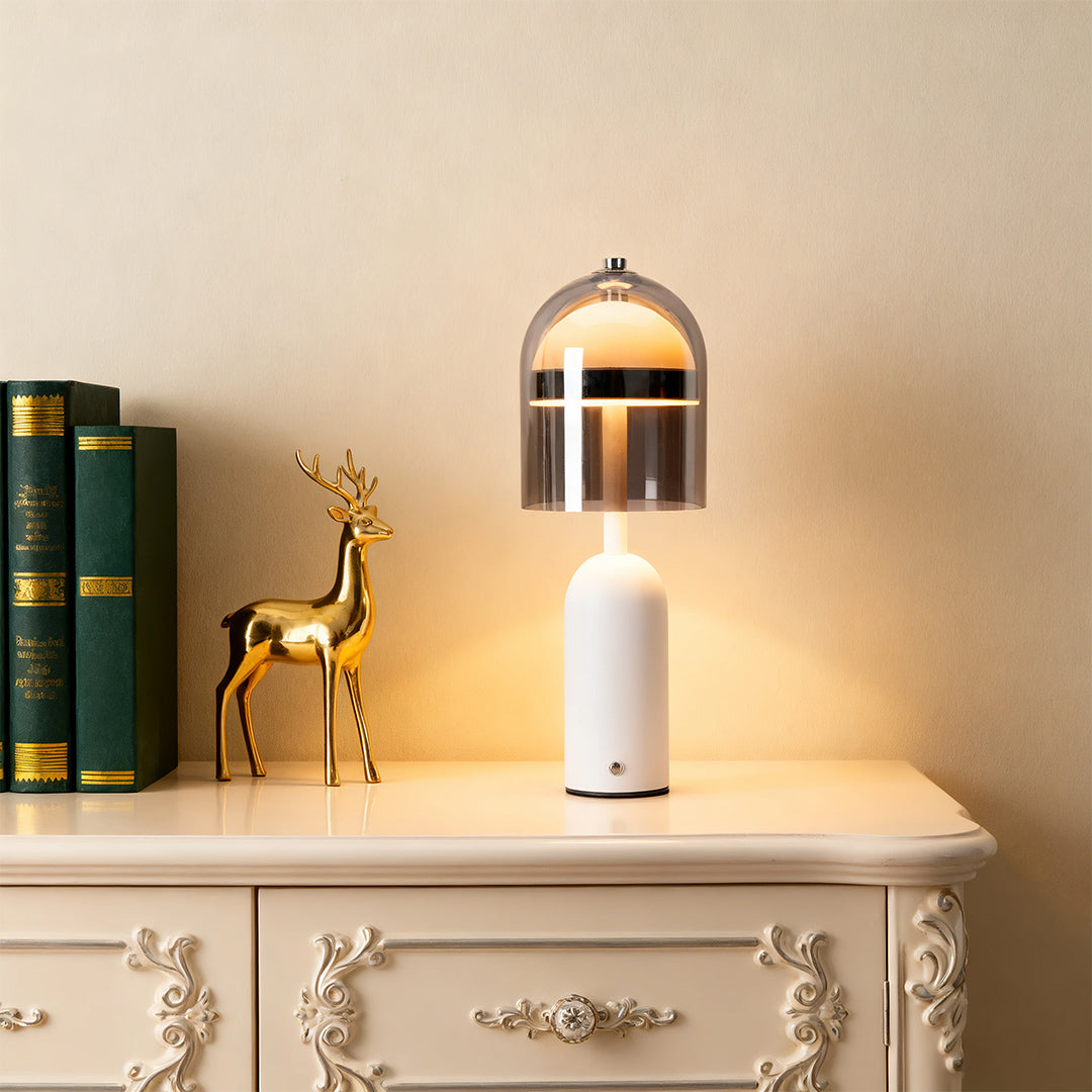 Rechargeable Minimalist Glass Shade Table Lamp Cordless Touch Dimmable Iron Body Black or White