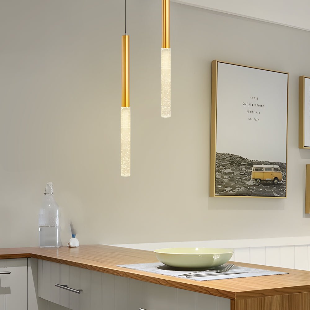 Bubble-Textured Elongated Aluminum Cylinder Pendant Light with 3-Step Colour Temperature in Gold