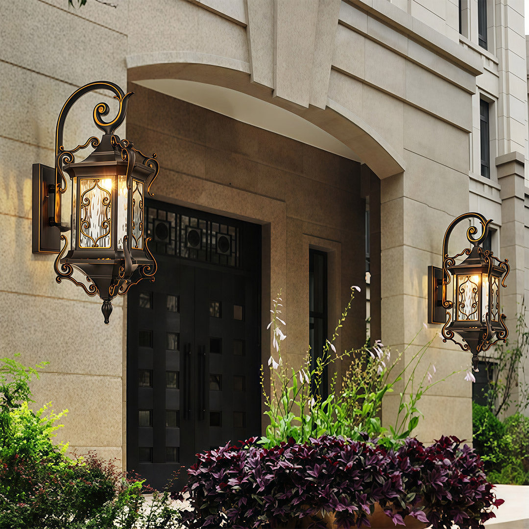 European Gilded Aluminium Outdoor Wall Lantern E27 IP65 Coffee Gold