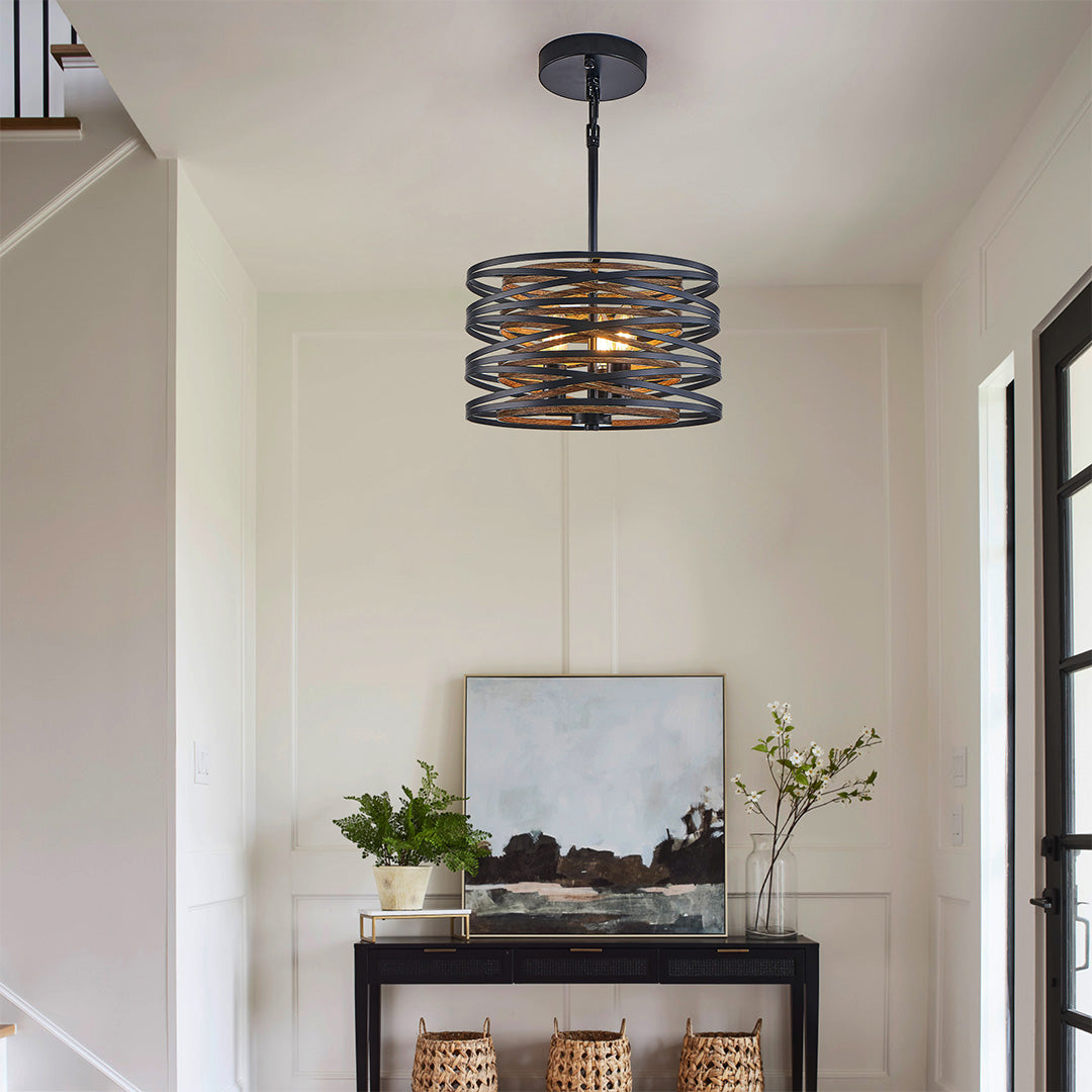 Black Drum Pendant Light Stacked Iron Rings Walnut Accent E12 American Retro 3 Sizes Dining Bar