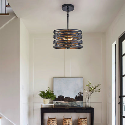Black Drum Pendant Light Stacked Iron Rings Walnut Accent E12 American Retro 3 Sizes Dining Bar