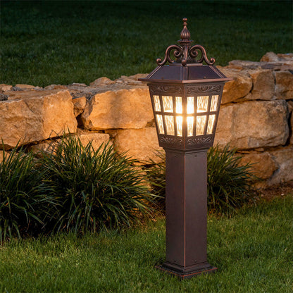 European Style External Post Light Coffee Aluminum Glass Lantern 12W 43 Inch Courtyard Garden