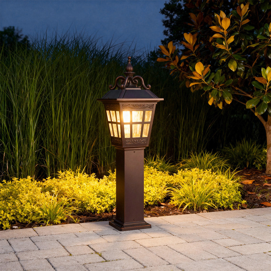 European Style External Post Light Coffee Aluminum Glass Lantern 12W 43 Inch Courtyard Garden