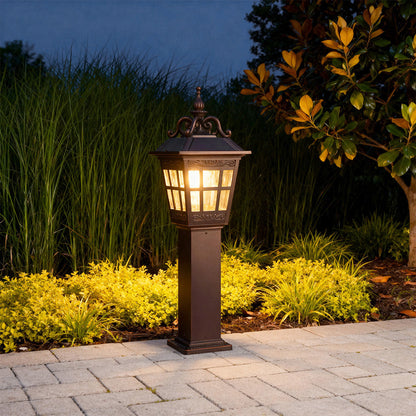 European Style External Post Light Coffee Aluminum Glass Lantern 12W 43 Inch Courtyard Garden