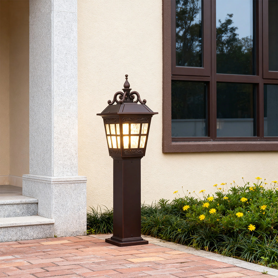 European Style External Post Light Coffee Aluminum Glass Lantern 12W 43 Inch Courtyard Garden