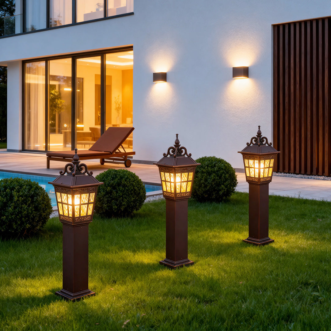 European Style External Post Light Coffee Aluminum Glass Lantern 12W 43 Inch Courtyard Garden