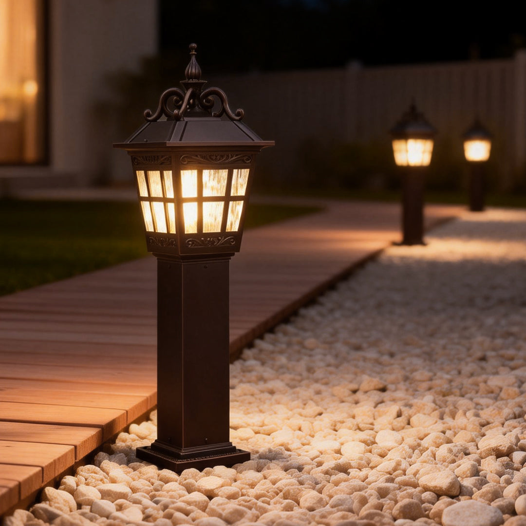 European Style External Post Light Coffee Aluminum Glass Lantern 12W 43 Inch Courtyard Garden