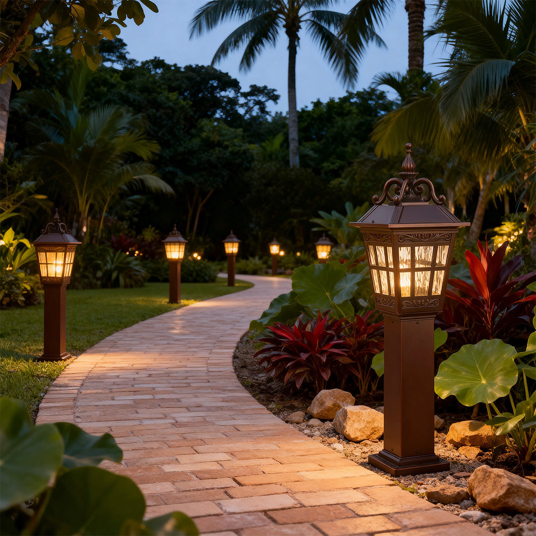 European Style External Post Light Coffee Aluminum Glass Lantern 12W 43 Inch Courtyard Garden