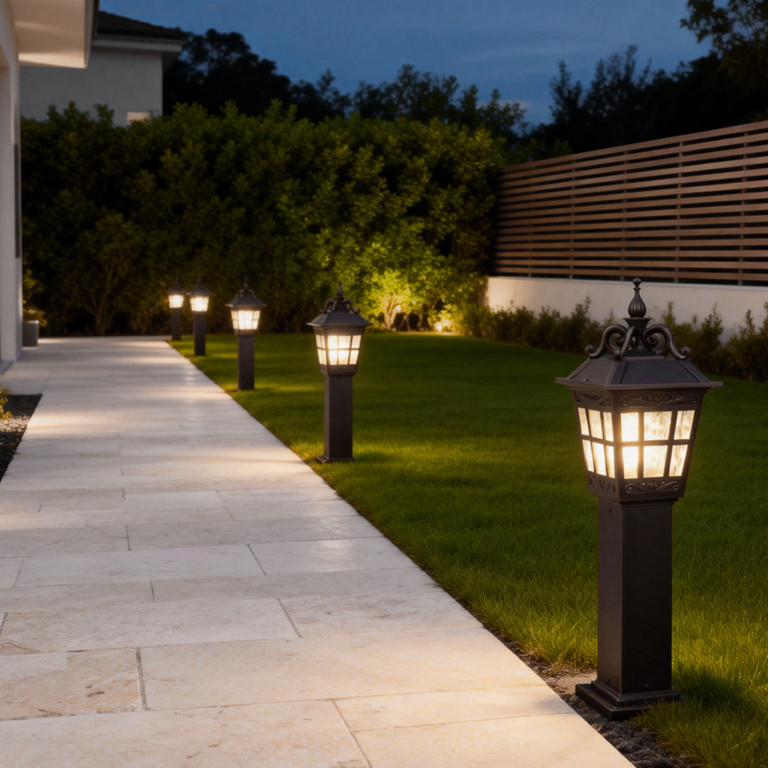 European Style External Post Light Coffee Aluminum Glass Lantern 12W 43 Inch Courtyard Garden