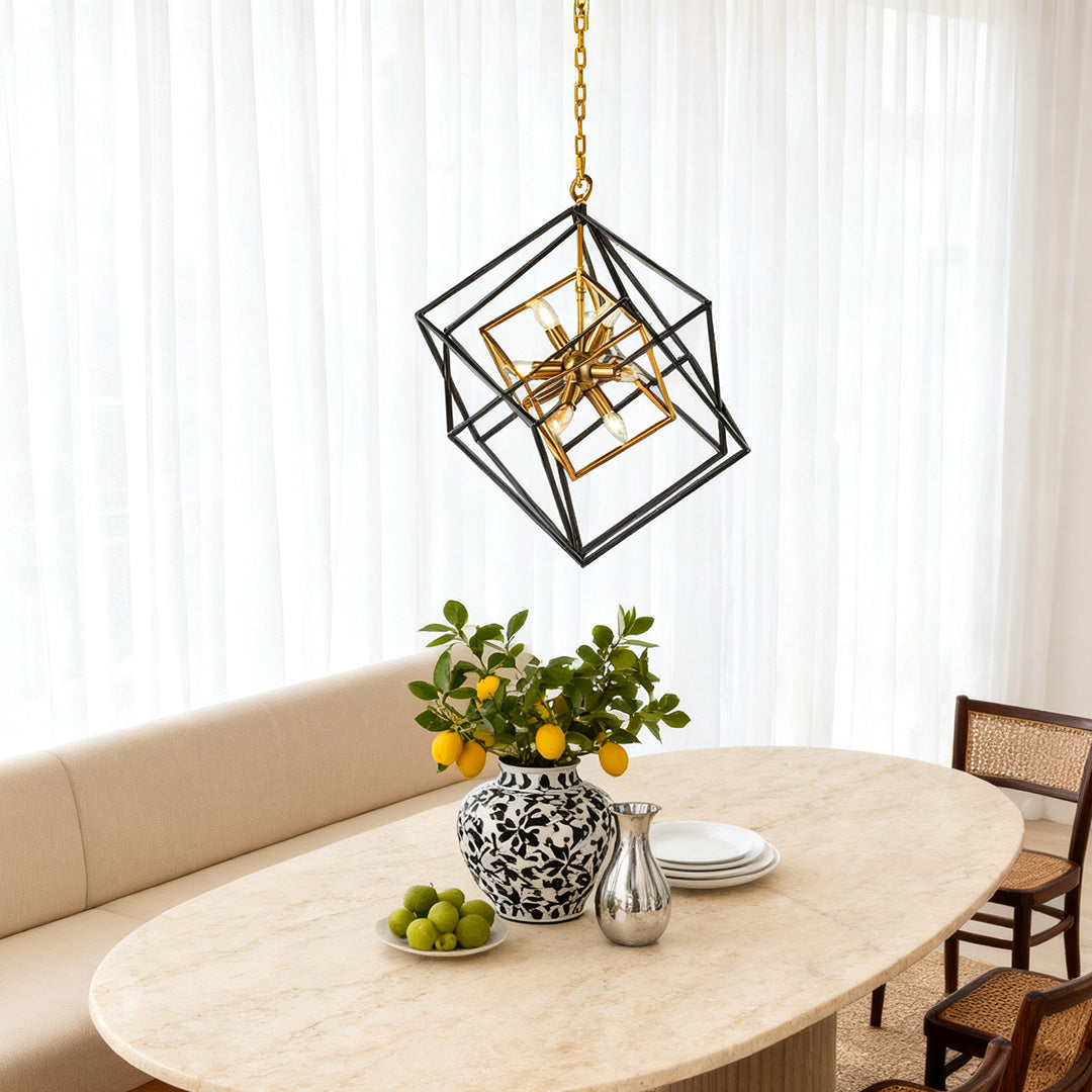 Square Geometric Pendant Light Industrial Black Gold Dual-Color Iron Frame E12 4-Light Dining Room Entryway 26 Inch