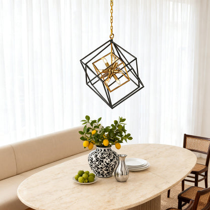 Square Geometric Pendant Light Industrial Black Gold Dual-Color Iron Frame E12 4-Light Dining Room Entryway 26 Inch