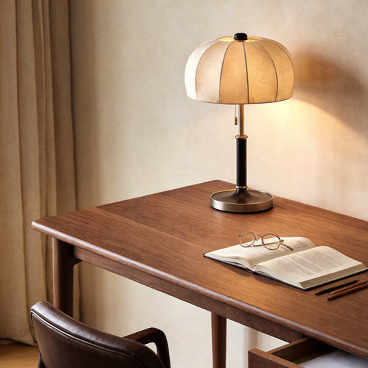Retro Brass Walnut Dome Fabric Table Lamp Pull Chain E14 Bronze Nickel