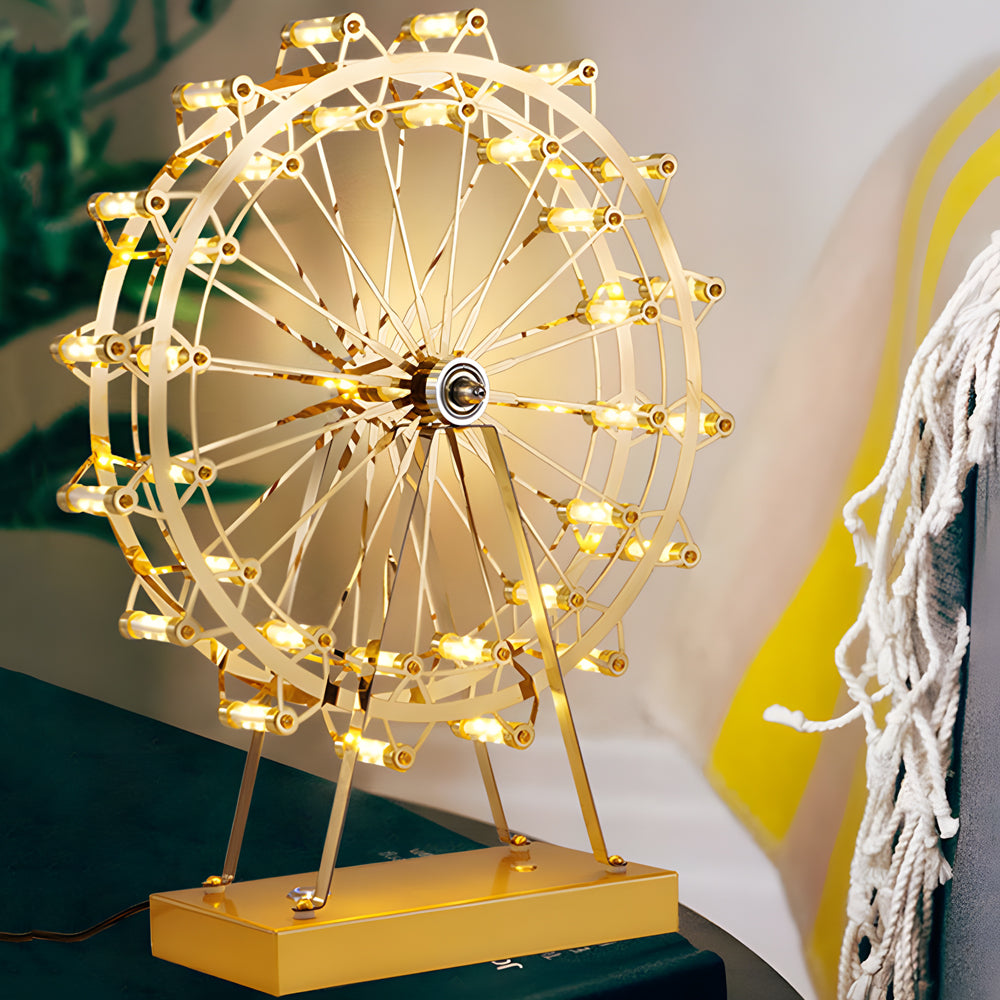 Vintage Gold Brass Ferris Wheel LED Table Lamp Wood Base Three Colour Temps