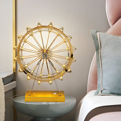Vintage Gold Brass Ferris Wheel LED Table Lamp Wood Base Three Colour Temps